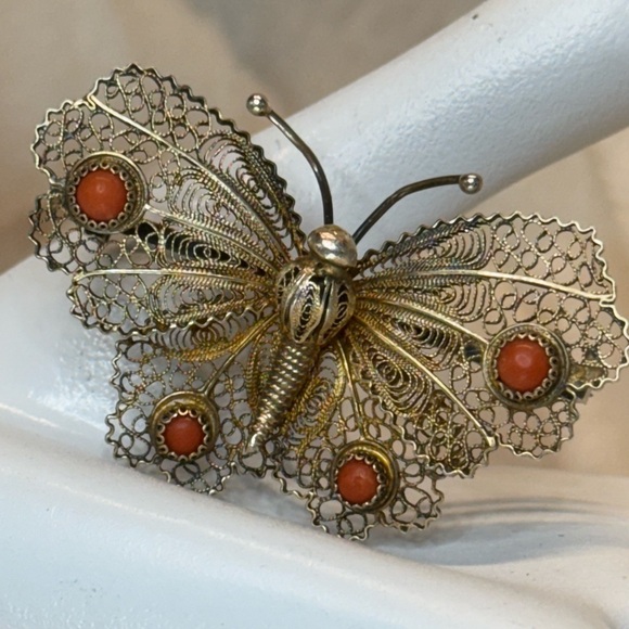Jewelry - Antique Signed Sterling Silver 800 Filigree Butterfly Coral/Carnelian Brooch EUC